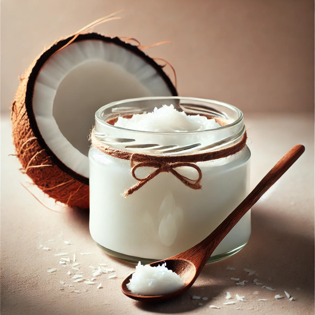 A glass jar of raw coconut oil with a wooden spoon resting beside it, showcasing its creamy, slightly solid texture.