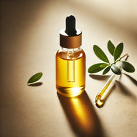 A glass dropper bottle filled with golden jojoba oil, placed next to a sprig of green leaves on a neutral background.