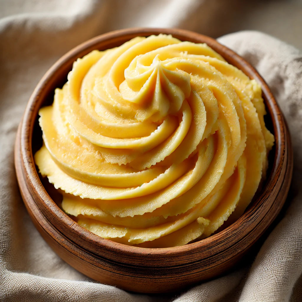 A swirl of golden mango butter in a wooden bowl, showing its whipped and velvety texture.