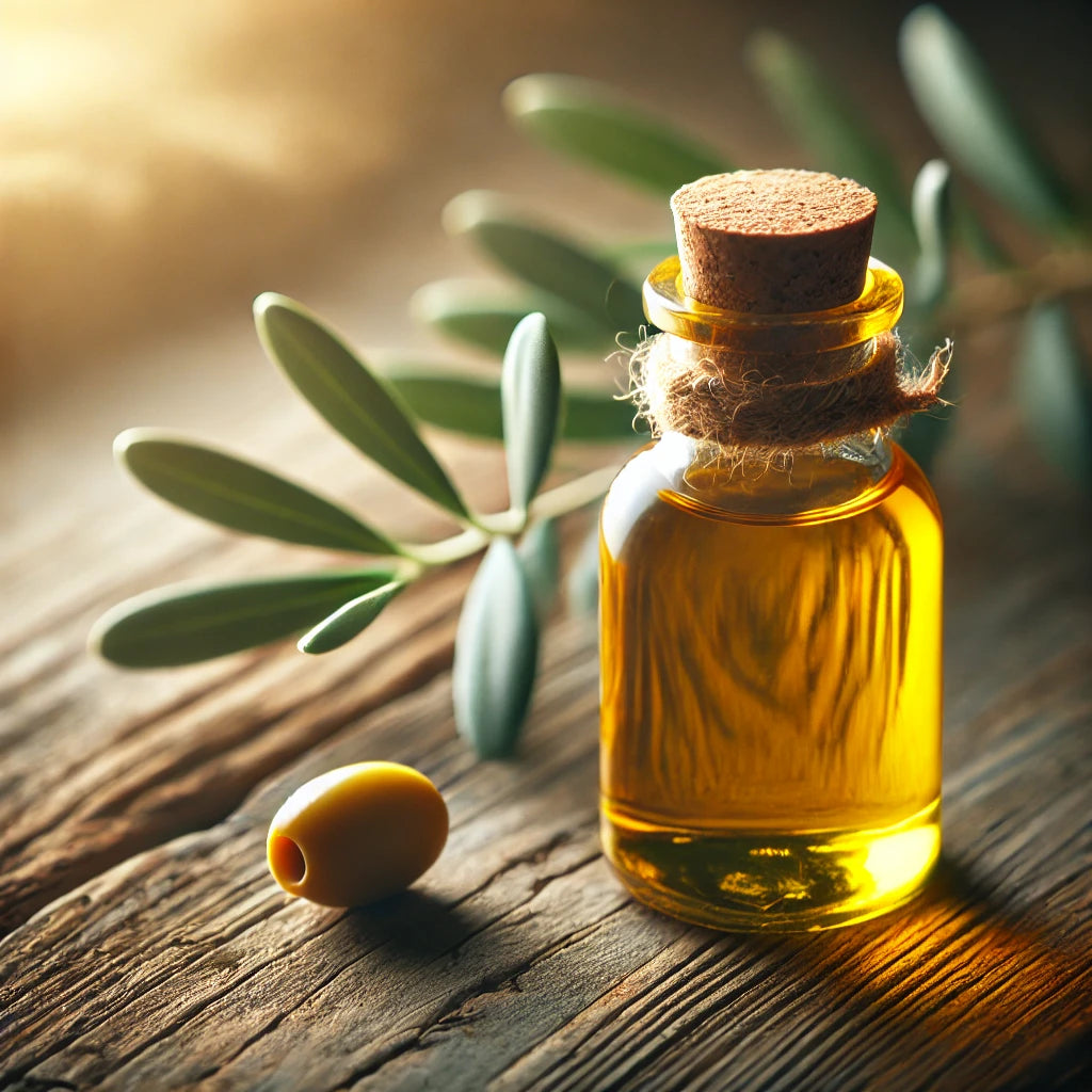 A small glass bottle of golden olive oil with a cork stopper, sitting on a rustic wooden surface with an olive branch nearby.