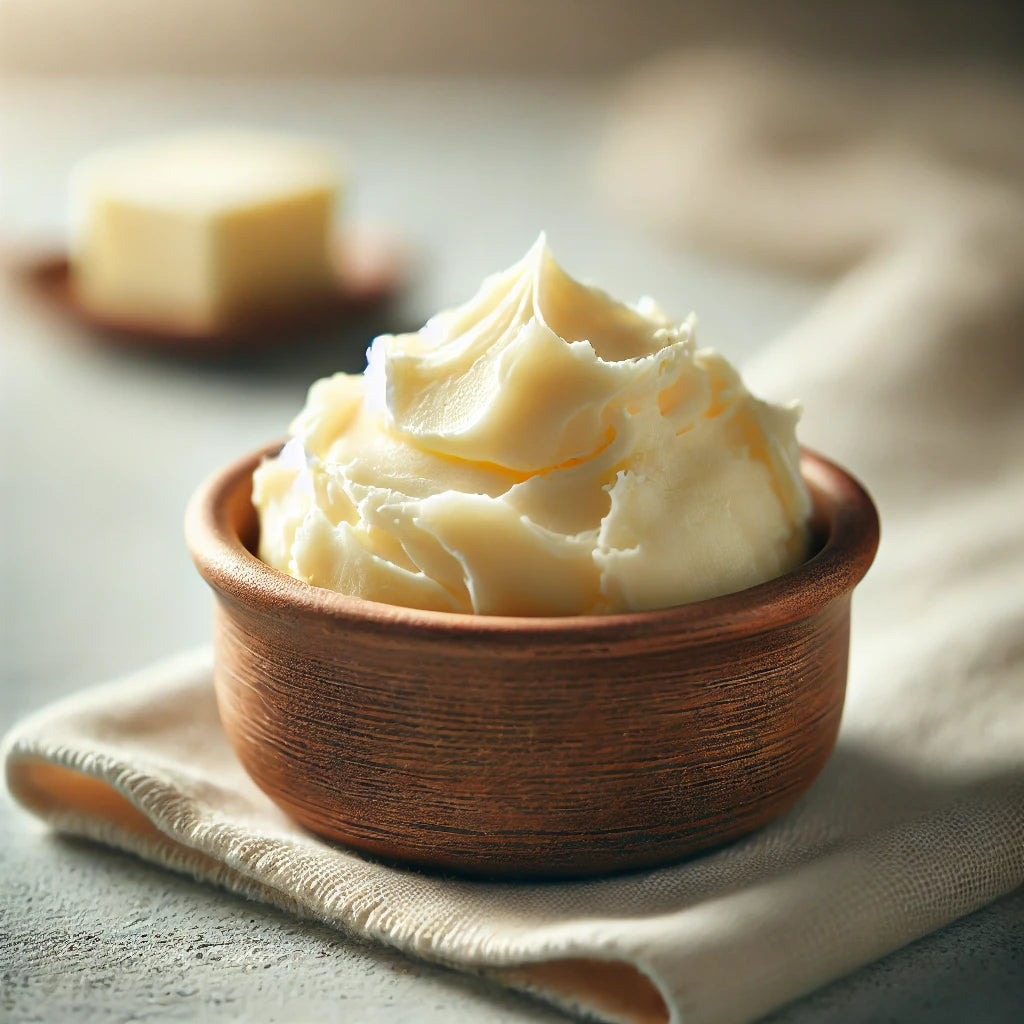 A smooth, creamy mound of raw shea butter in a wooden bowl, highlighting its rich texture and soft, buttery appearance