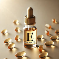 A small glass dropper bottle of vitamin E oil surrounded by golden capsules, reflecting light on a clean, neutral surface.